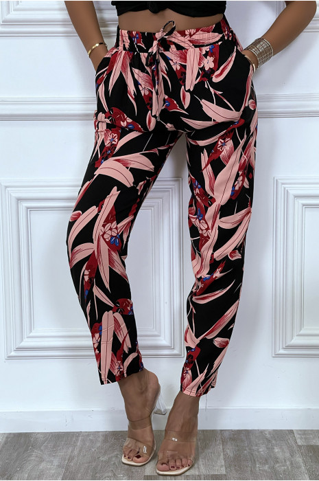Pantalon fluide noir avec poches et motif feuille très tendance - 4