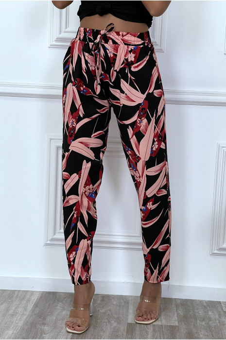 Pantalon fluide noir avec poches et motif feuille très tendance - 5
