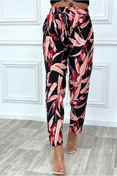 Pantalon fluide noir avec poches et motif feuille très tendance - 8