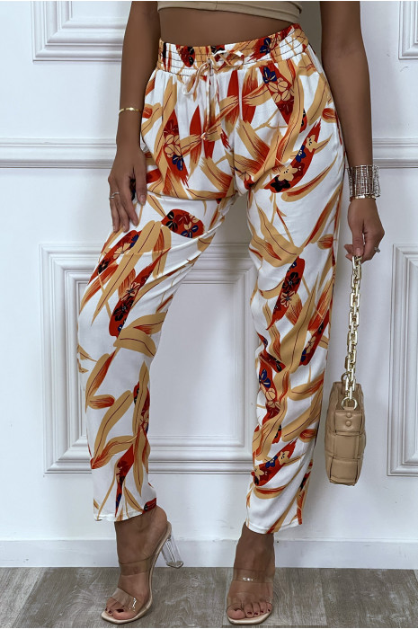 Pantalon fluide beige avec poches et motif feuille très tendance - 2