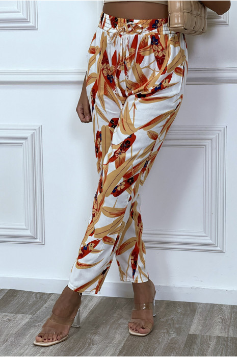 Pantalon fluide beige avec poches et motif feuille très tendance - 3