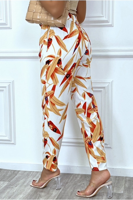 Pantalon fluide beige avec poches et motif feuille très tendance - 4