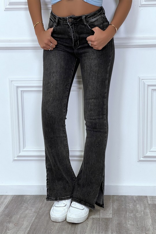 Zwarte gewassen bootcut jeans met split - 1