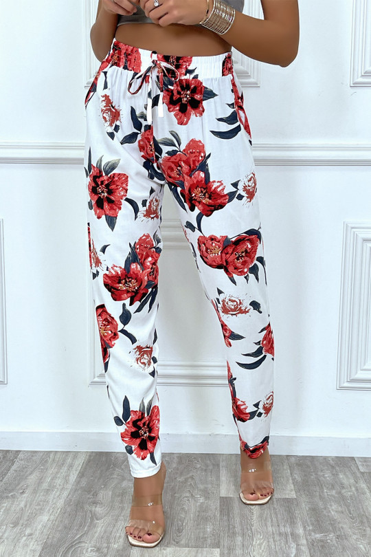 Pantalon fluide blanc avec poches et joli motif fleuris très tendance - 4