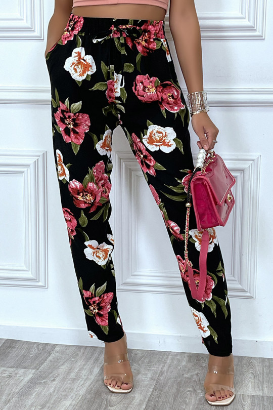 Pantalon fluide noir avec poches et joli motif fleuris très tendance - 6