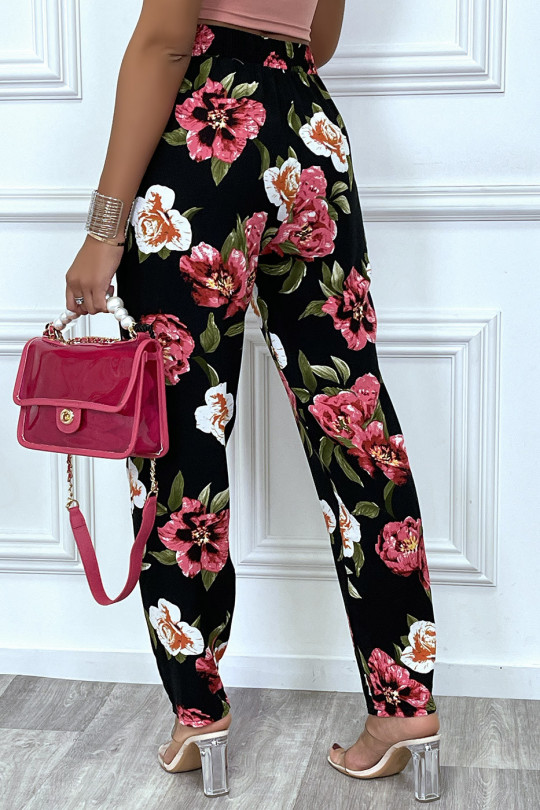 Pantalon fluide noir avec poches et joli motif fleuris très tendance - 8