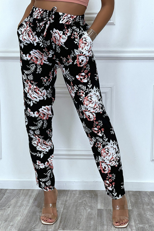 Pantalon fluide noir avec poches et joli motif fleuris très tendance - 2