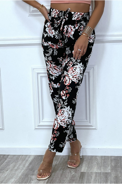 Pantalon fluide noir avec poches et joli motif fleuris très tendance - 3