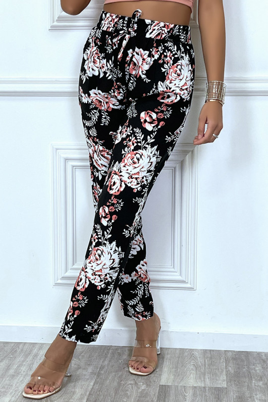 Pantalon fluide noir avec poches et joli motif fleuris très tendance - 4