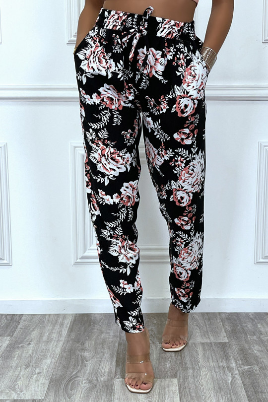 Pantalon fluide noir avec poches et joli motif fleuris très tendance - 5