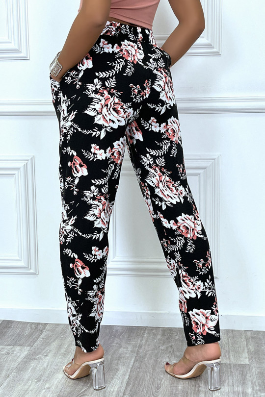 Pantalon fluide noir avec poches et joli motif fleuris très tendance - 7