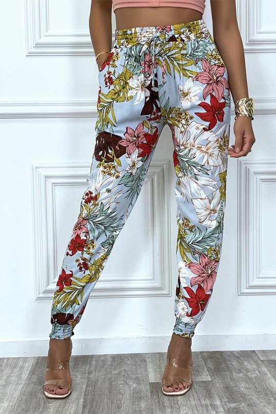 Turquoise fluid cotton pants with flower pattern - 1