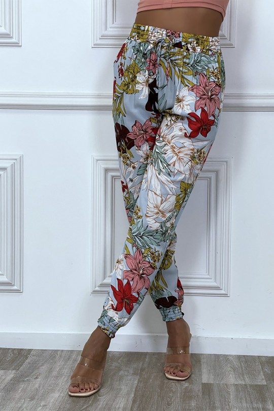 Pantalon fluide turquoise en coton avec motif fleuris - 3