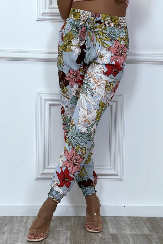 Pantalon fluide turquoise en coton avec motif fleuris - 4
