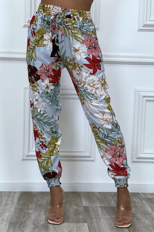 Turquoise fluid cotton pants with flower pattern - 6