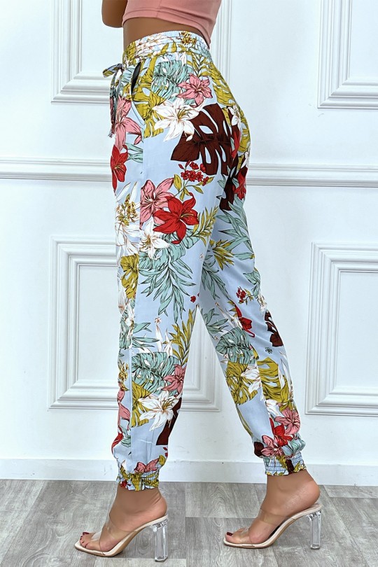Turquoise fluid cotton pants with flower pattern - 7