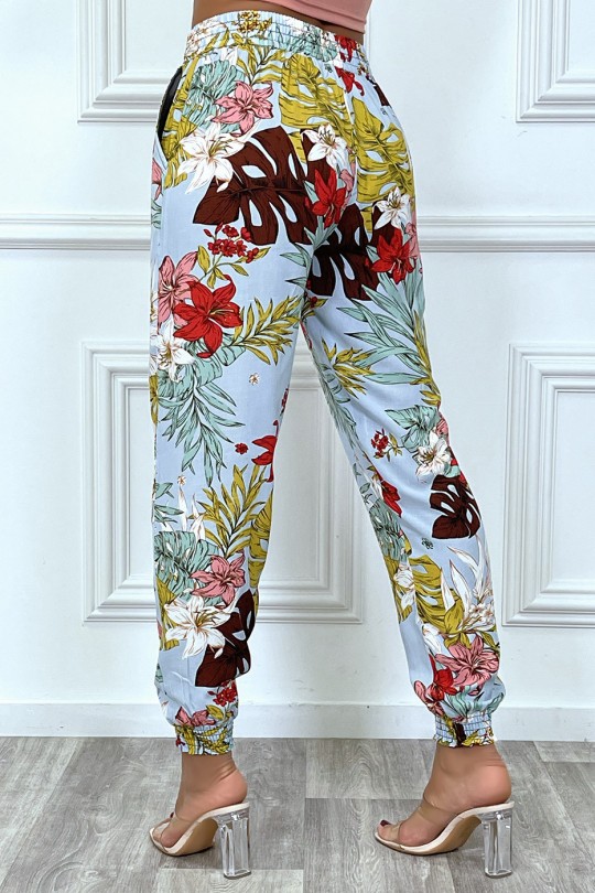 Turquoise fluid cotton pants with flower pattern - 8
