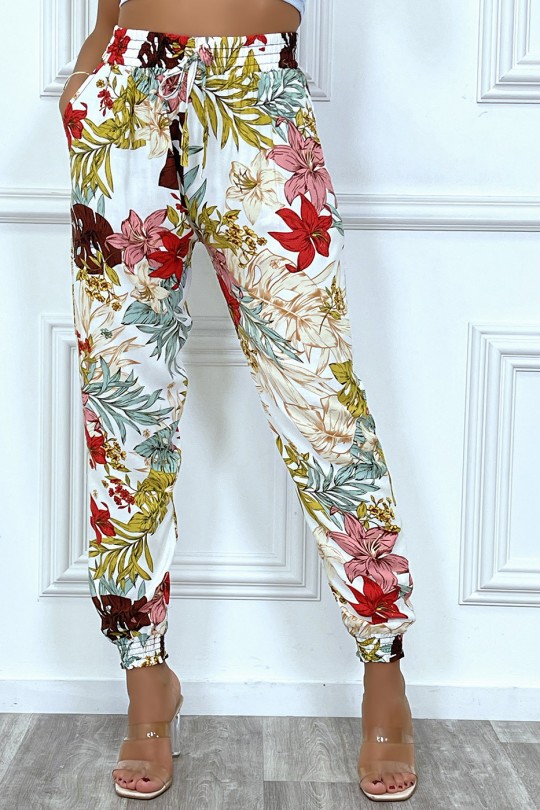 Pantalon fluide blanc en coton avec motif fleuris - 3
