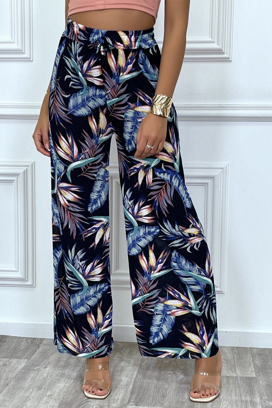 Palazzo pants in navy and turquoise leaf pattern - 1