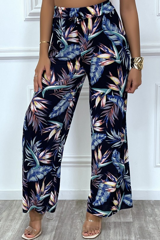 Palazzo pants in navy and turquoise leaf pattern - 2