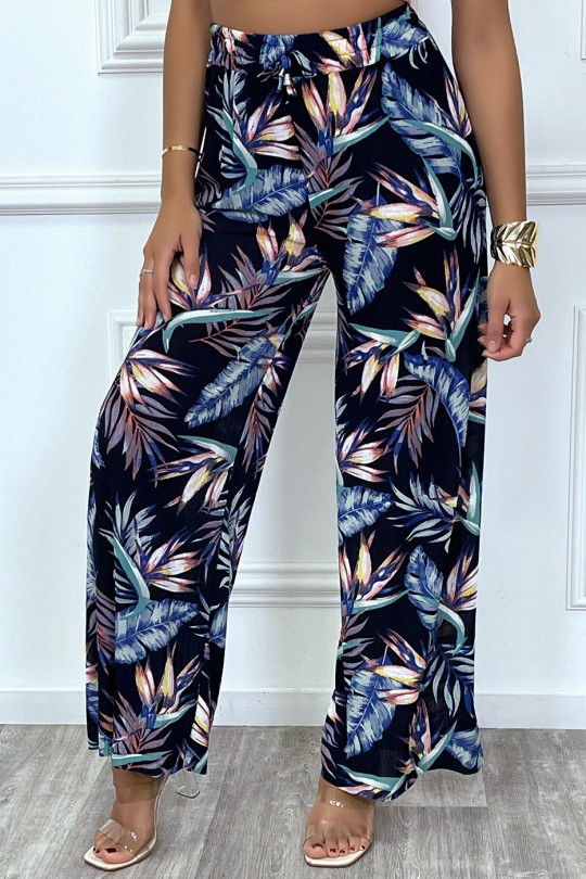 Palazzo pants in navy and turquoise leaf pattern - 3
