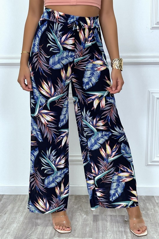 Palazzo pants in navy and turquoise leaf pattern - 4