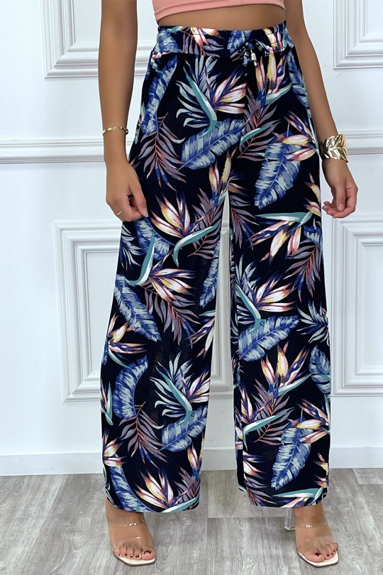 Palazzo pants in navy and turquoise leaf pattern - 5