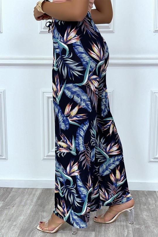 Palazzo pants in navy and turquoise leaf pattern - 6