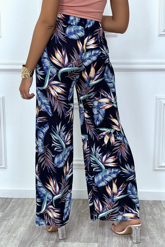 Palazzo pants in navy and turquoise leaf pattern - 7