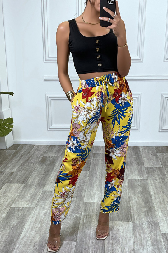 Yellow floral pattern cotton pants with pockets - 1
