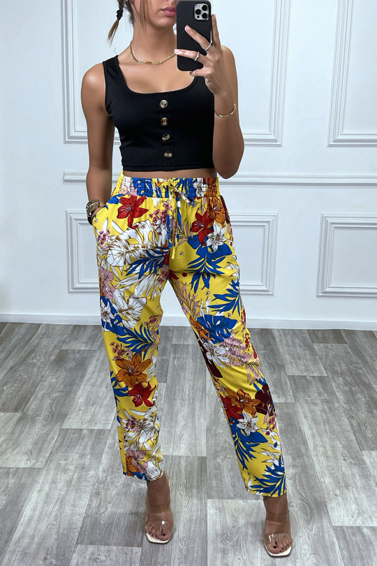Yellow floral pattern cotton pants with pockets - 2