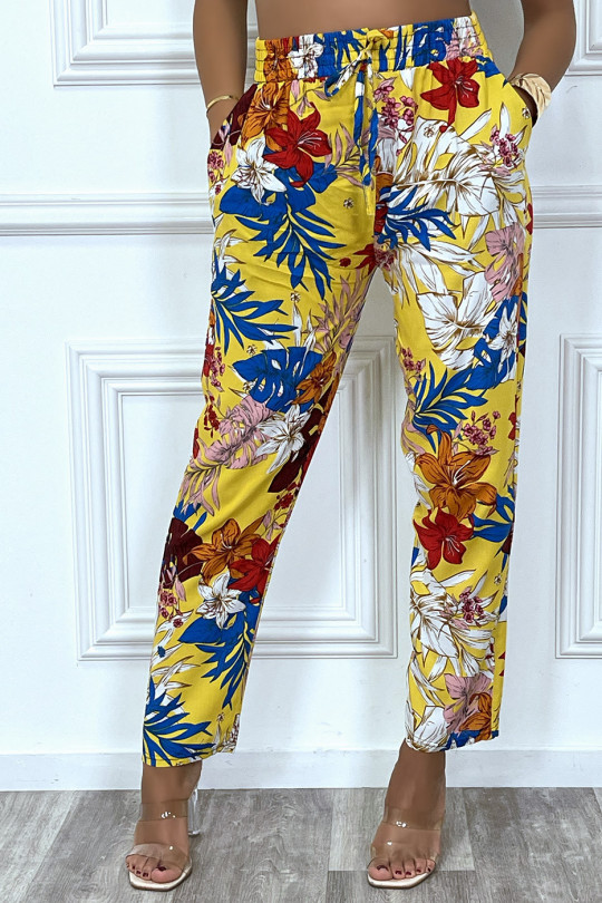 Pantalon fluide jaune motif fleuris en coton avec poches - 3