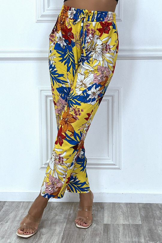 Pantalon fluide jaune motif fleuris en coton avec poches - 4