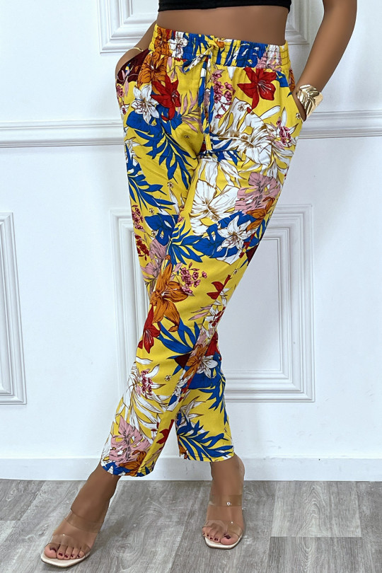 Pantalon fluide jaune motif fleuris en coton avec poches - 6