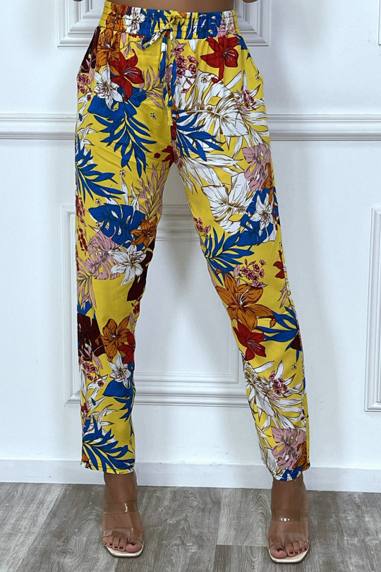Pantalon fluide jaune motif fleuris en coton avec poches - 7