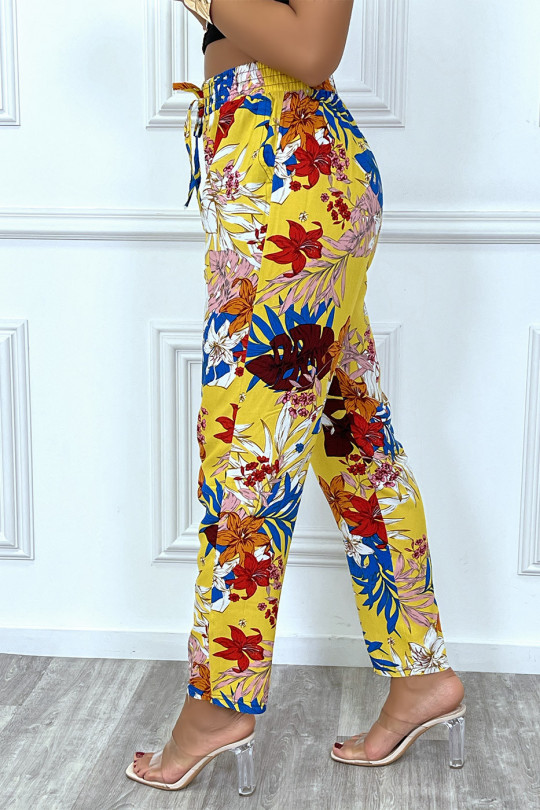 Pantalon fluide jaune motif fleuris en coton avec poches - 8