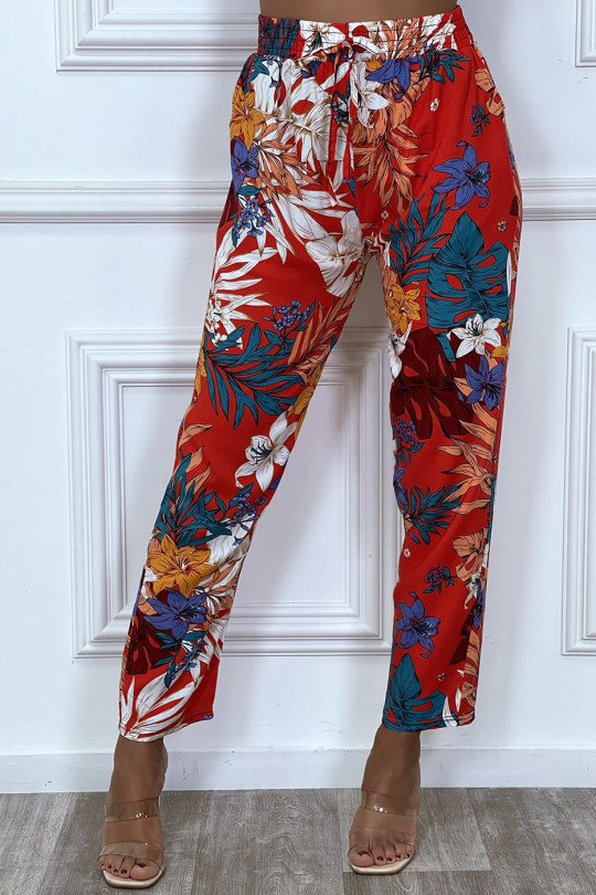 Pantalon rouge motif fleuris en coton avec poches