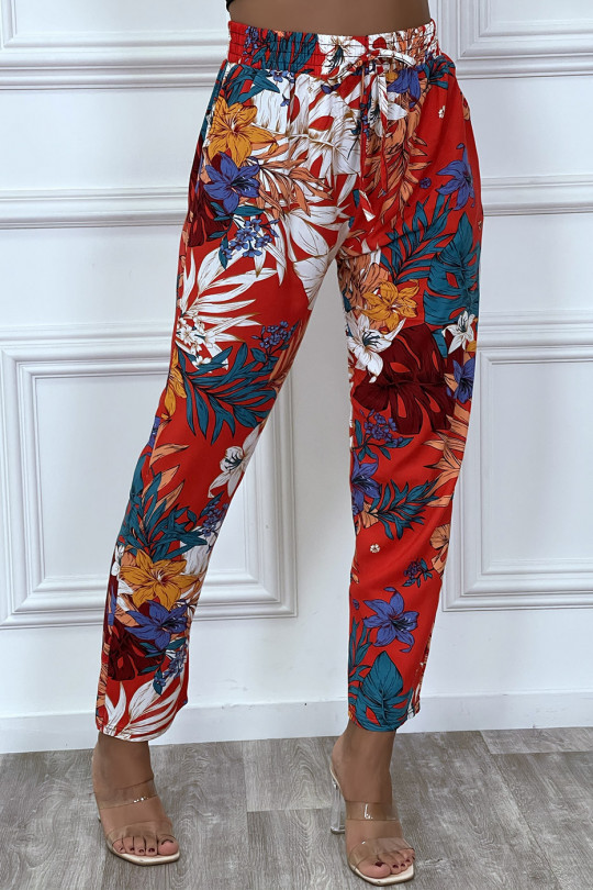 Pantalon rouge motif fleuris en coton avec poches