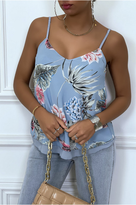 Top turquoise  à volant doublé fleuri - 1