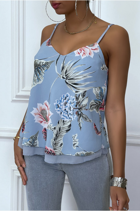 Top turquoise  à volant doublé fleuri - 2