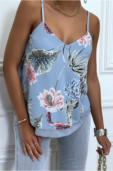 Top turquoise  à volant doublé fleuri - 3