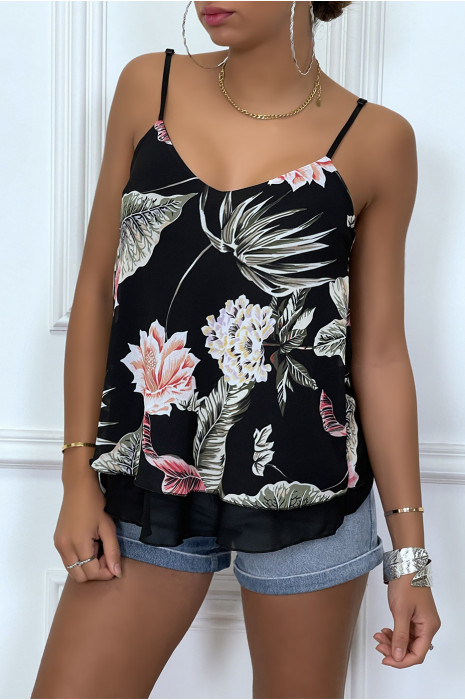 Top noir  à volant doublé fleuri - 1