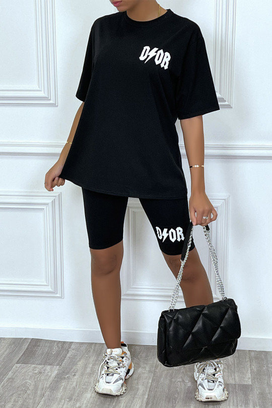 Luxe, op het merk geïnspireerde set van zwart T-shirt en fietsbroek - 1