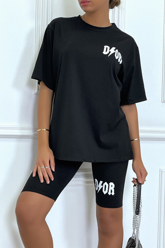 Luxe, op het merk geïnspireerde set van zwart T-shirt en fietsbroek - 5
