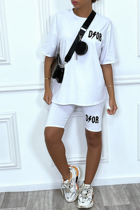 White t-shirt and cycling shorts set inspired by luxury brand - 2