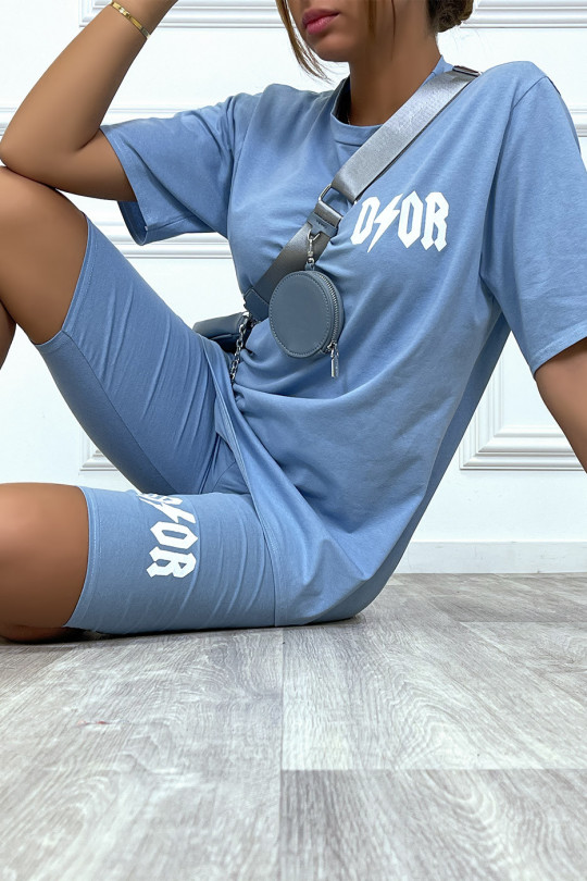 Ensemble tee-shirt et short cycliste bleu inspi marque de luxe - 5