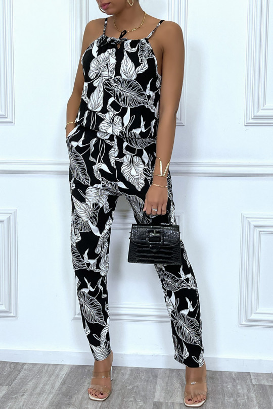 Black jumpsuit with white leaf pattern - 1
