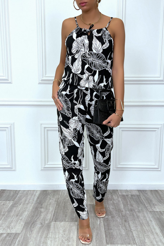 Black jumpsuit with white leaf pattern - 5