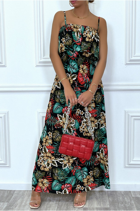 Robe longue noir élastique a la taille avec buste volant - 1