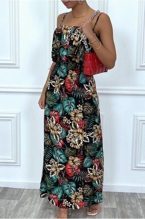 Robe longue noir élastique a la taille avec buste volant - 3